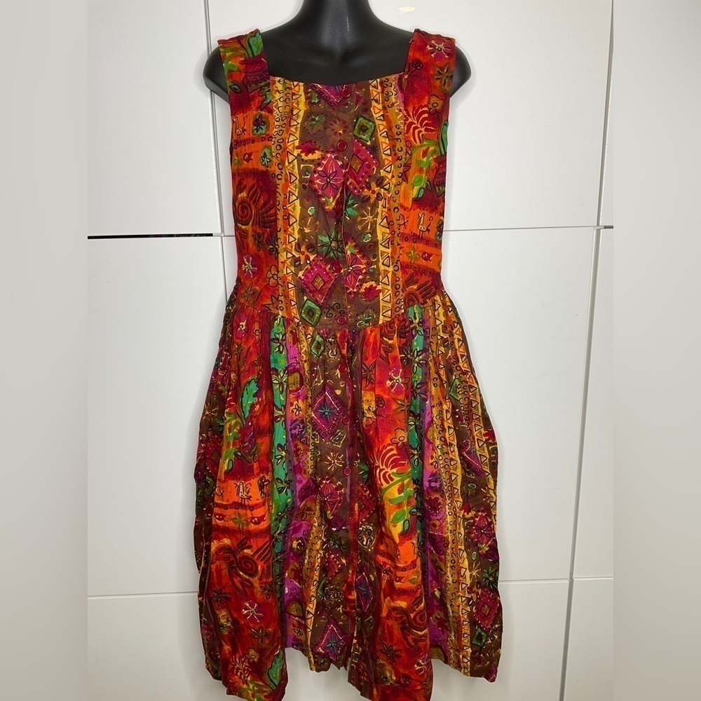 Vintage 1980s Tiki Batik Dress colourful La Lingerie sz Small Elastic Back
